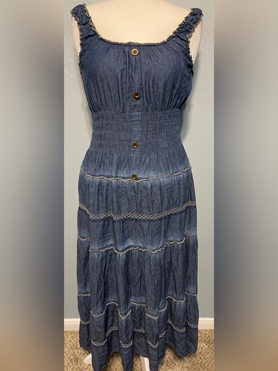 Lapis Dresses & Skirts - Lapis Anthropologie Blue Chambray Maxi Dress Tiered Smocked Waist Western PL